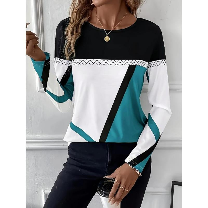 Modă de Primăvară și Toamnă Tricou Damă Tee Color Block Imprimeu 3D Hanorac Zilnic Casual cu Mânecă Lungă Tricou Gât Rotund Articole Sport