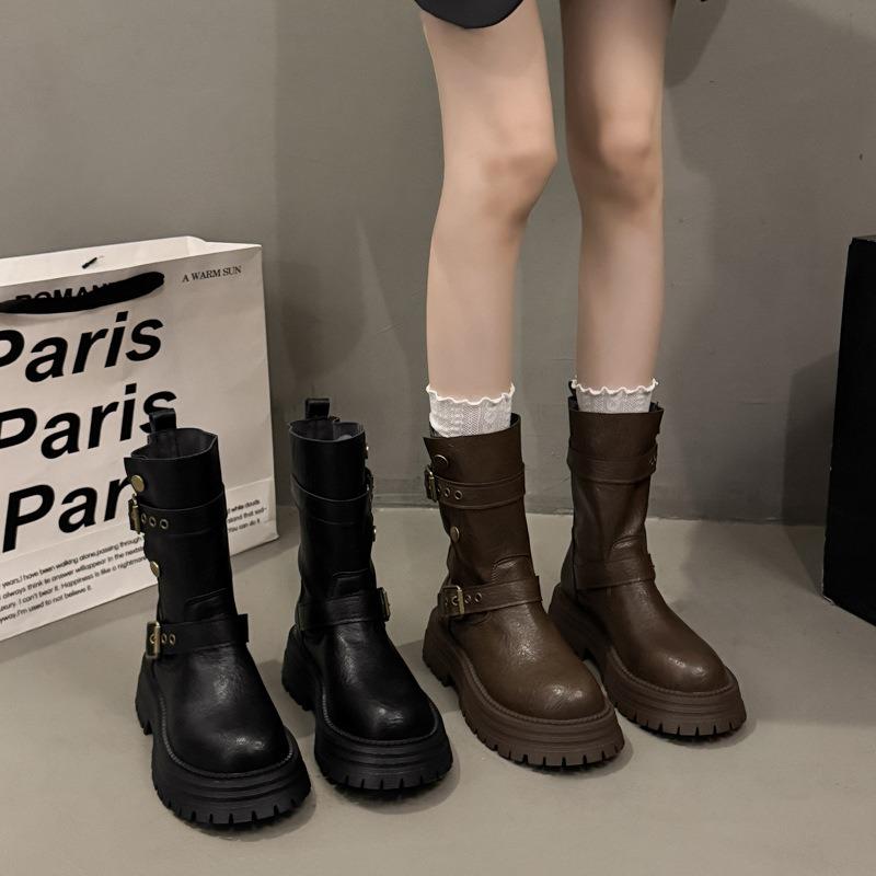 Women Boots Retro British Style Short Boot Mid-Calf Leather Boot Belt Buckle Design Knight Boots for Women Platform Bota