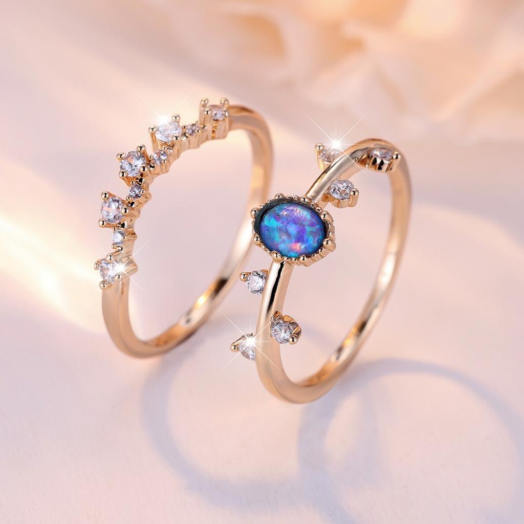 Crystal Female White Zircon Blue Opal Stone Ring Set Fashion Vintage Gold Color Bridal Wedding Engagement Jewelry for Women