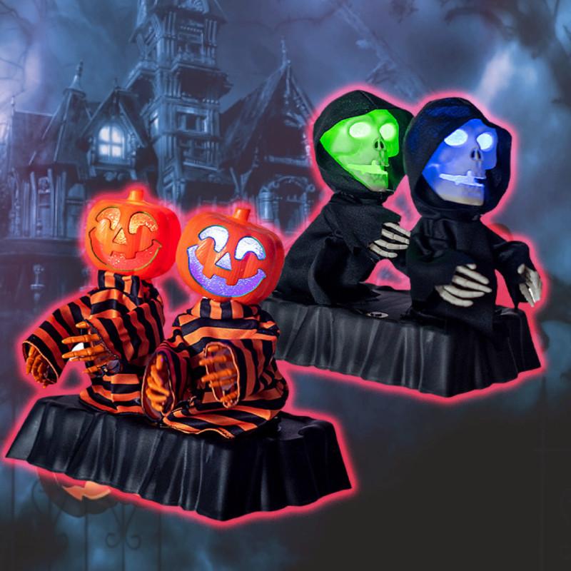 Colorful Light-up Pumpkin And Skeleton Duo Animated Sound Effects Halloween Decor
