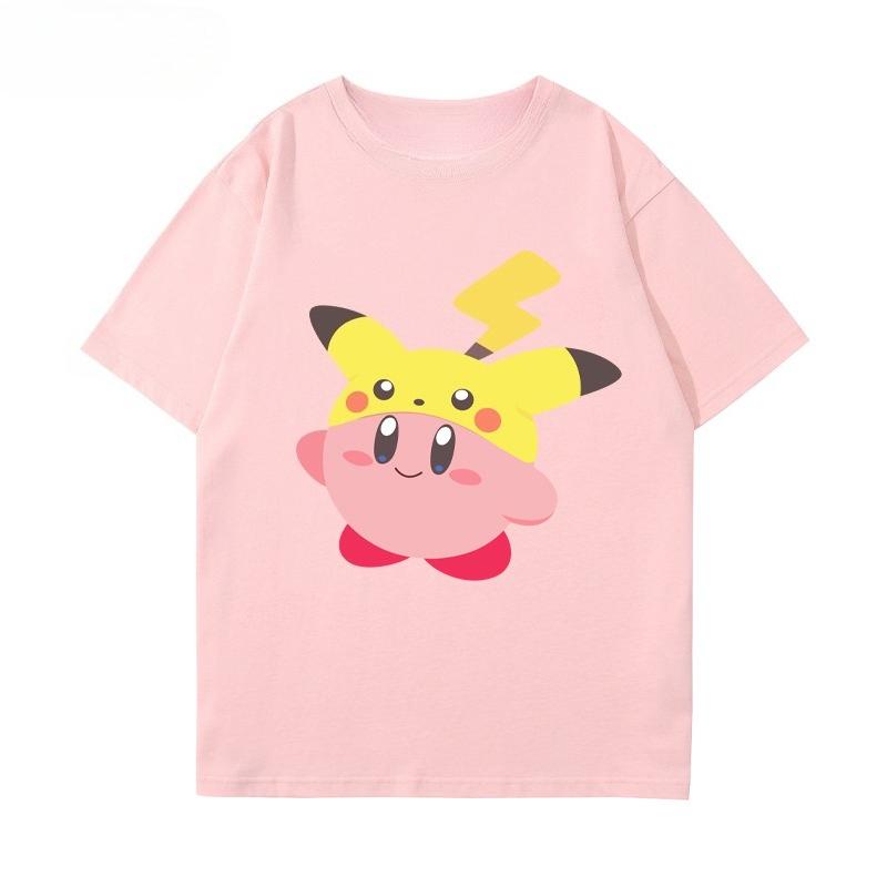 

Pokemon Pikachu and Star Kirby peripheral shortsleeved Unisexs and Womens loose summer pure cotton versatile Tshirts S