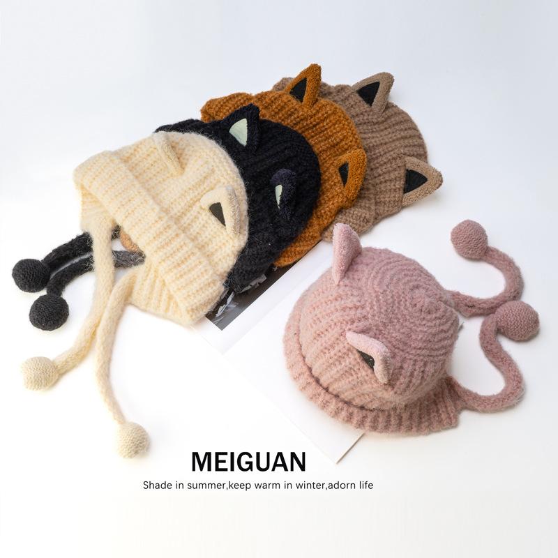 Cat Ears Knitted Hat Women'S Autumn And Winter Warm Cute Ear Protection Wool Hat Big Head Circumference Show Face Small Velvet Cold Hat