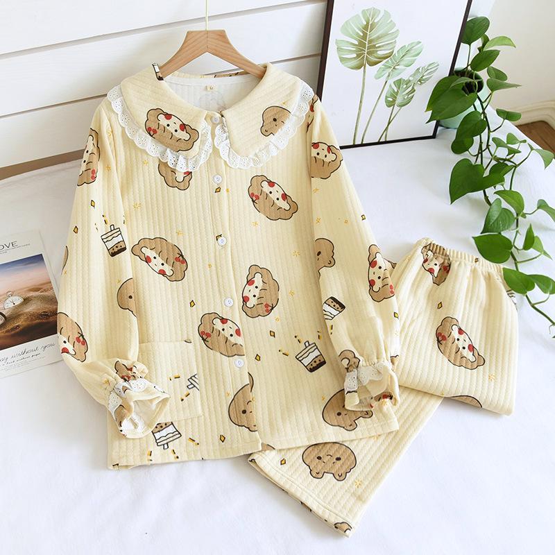 Fresh Sweet Winter Thicken Pajamas Sets Women Keep Warm 100% Scuba Cotton Quilted Long-sleeved Sleepwear