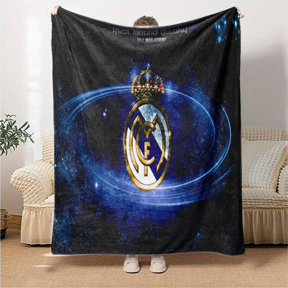 FC Madrid Emblem Flanelldecke, Weiches Polyester, Modernes Design, Ganzjahres für Camping, Reisen, Geschenke für Feiertage oder Geburtstage