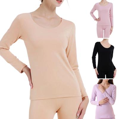 2 Pcs/Set Women Top Pants Set Slim Fit Long Sleeves Solid Color Bottoming Round Neck Keep Warm Inner Wear Seamless Winter Underclothing Set