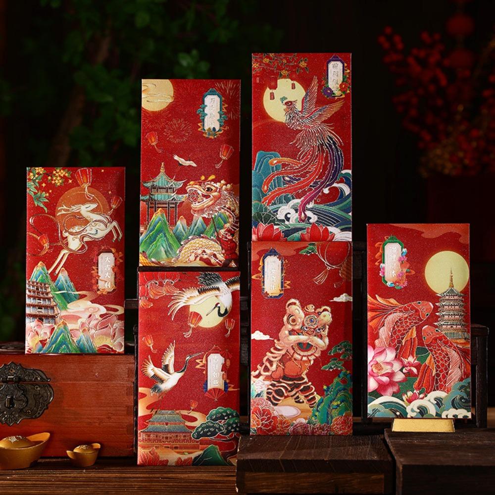 6pcs Traditional Lucky Money Bag Hongbao Money Packet Cartoon Good Luck Red Pocket Wedding Birthday