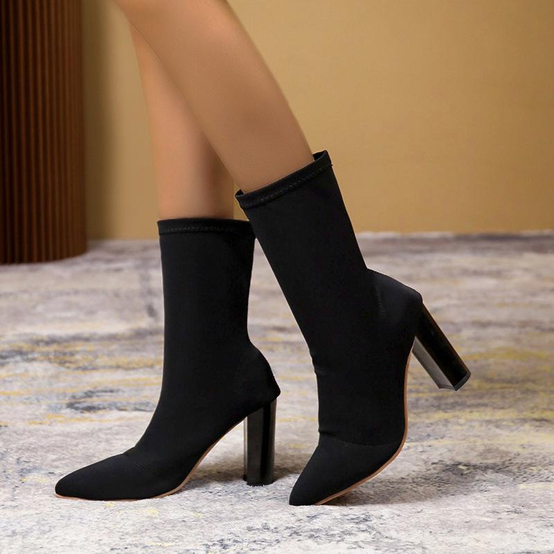 

Модные ботинки на толстом каблуке большого размера, новые осенне-зимние ботинки из эластичной шерсти с острым носком, квадратные и короткие ботинки женские 43 чёрный