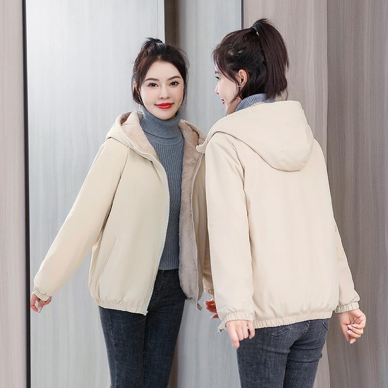 Women's PlushCoat Winter Warm Thicken Solid Windbreaker Hooded Cotton Plush Hooded Jackets Casual Outdoor Windproof Jacket