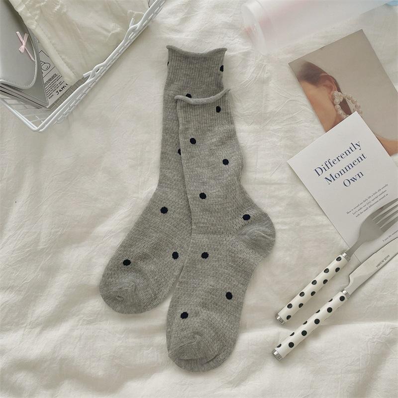 

Тонкие носки в горошек для женщин на весну и лето, носки до середины икры, сетчатые дышащие, с отворотом, длинные носки из махры из чистого хлопка 1 pair серый