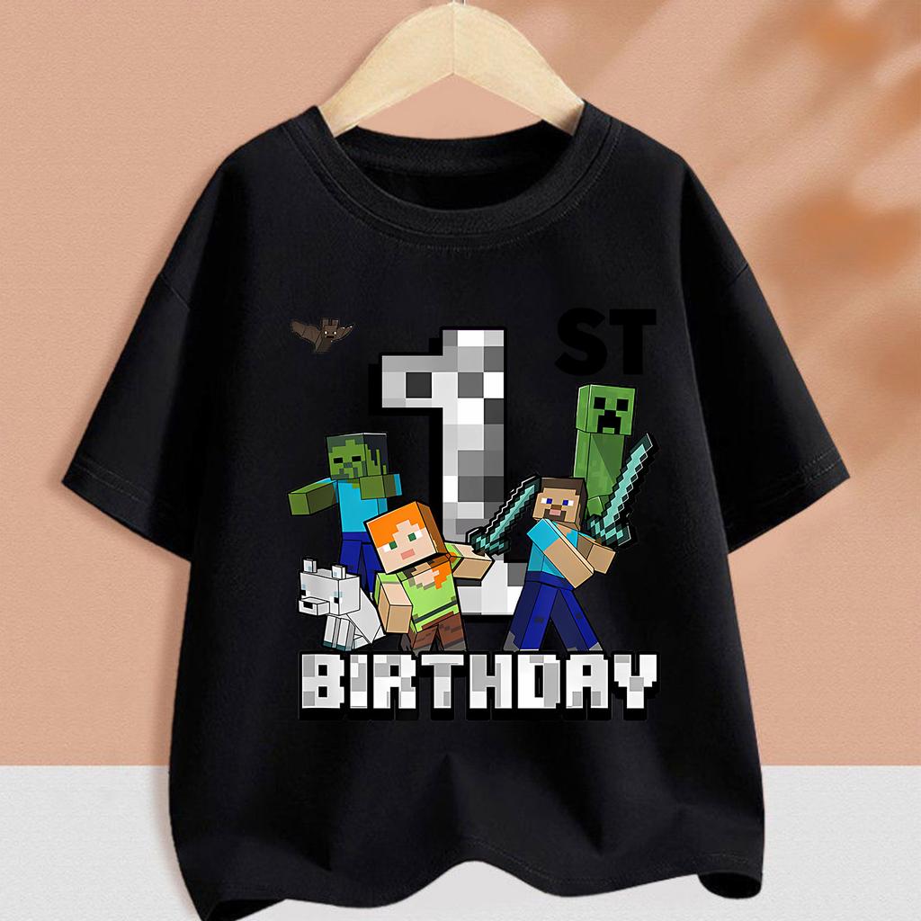 Hot Pixel Game T-shirt Birthday Number Clothes Round Collar Clothing Minecrafted Cartoon Short Sleeve Black Summer Tee Top Gift