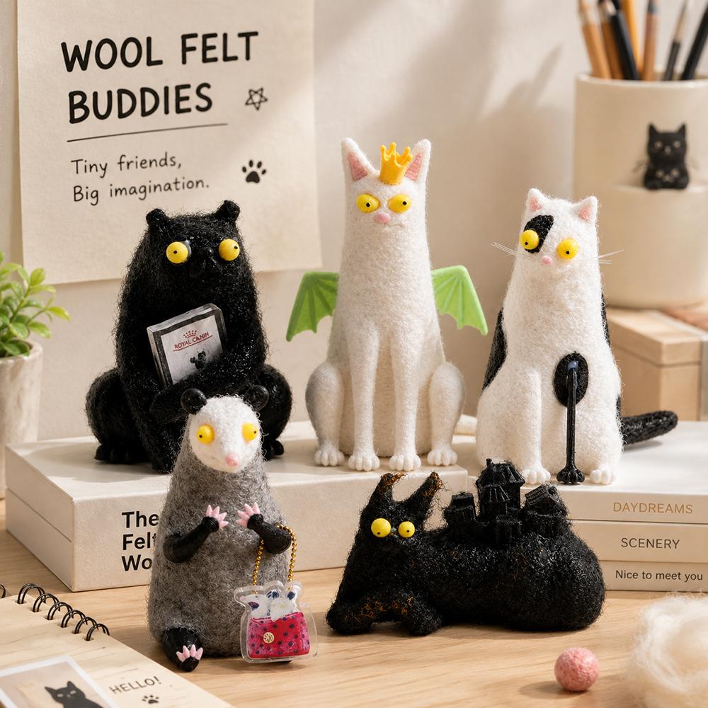 Cartoon Animal Wool Felt Familiars Quirky Handmade Companions MIni Wide-Eyed Weird Cute Felted Companions Wool Felt Home Decor