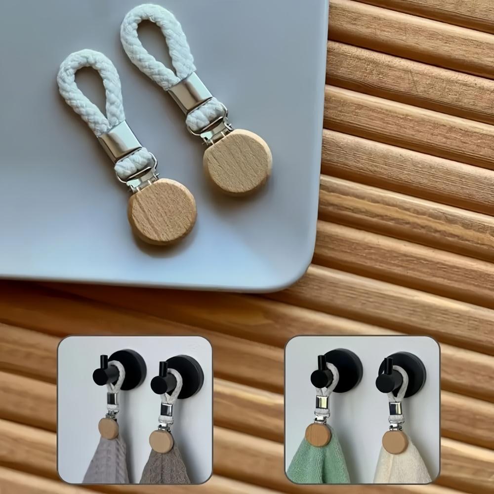 1-8PCS Towel Hanging Clips Woven Cotton Rope Bathroom Wood Round Head Metal Hanging Clips For Home Towel Clothes Storage Hook