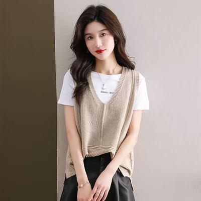 Modische Strickweste mit V-Ausschnitt für Damen im Frühling und Herbst, neue locker sitzende ärmellose Pulloverweste und Leibchenoberteil für Damen