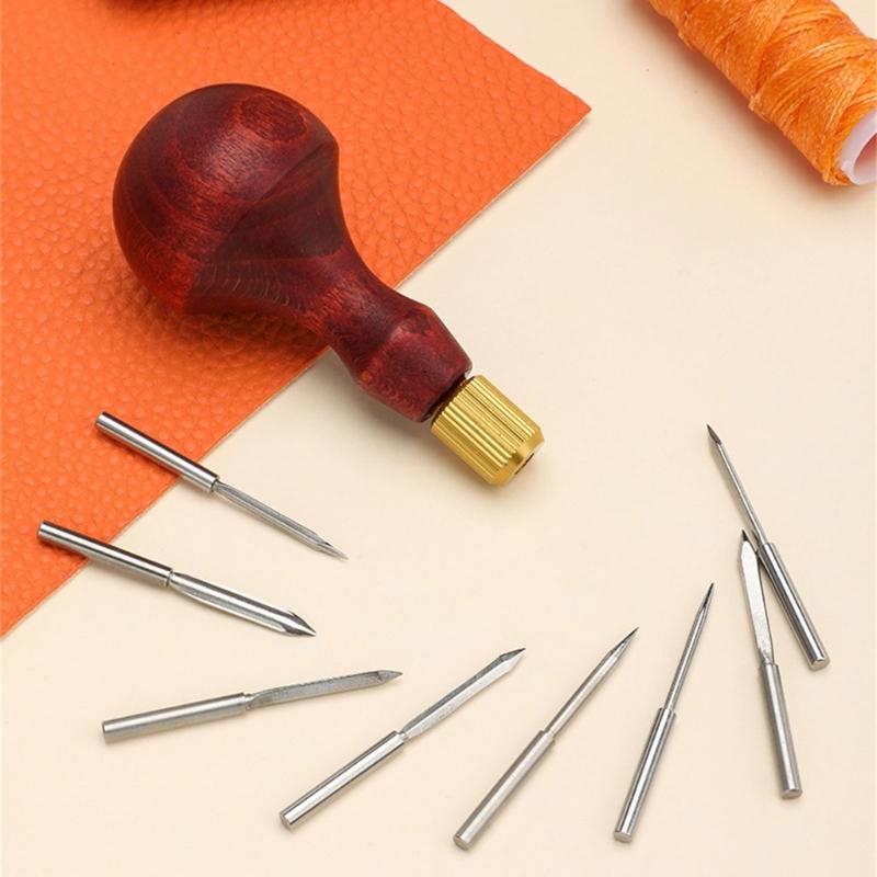 8 In 1 Leather Sewing Awl Wood Handle Leather Stitching Awl Leathercraft Hole Punch Tool for Leather Sewing Stitching