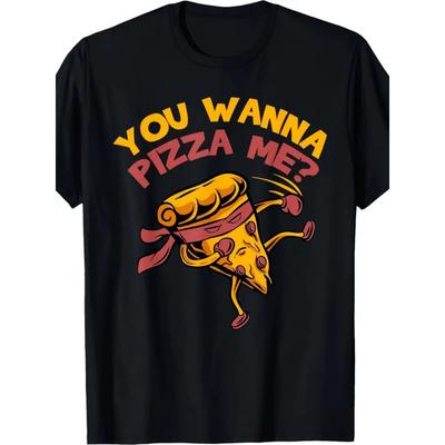 Men's Casual Pizza Graphic T-Shirt - "You Wanna Pizza Me?" Funny Foodie Tee, Breathable Cotton Fabric, Round Neck Short Sleeve, Perfect for Summer
