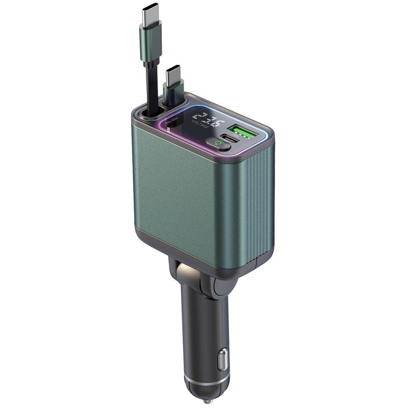 Four in One Dual Telescopic Cable Automatic Storage, Racing Atmosphere Light Voltage Display, Car Charger, Super Fast Charging