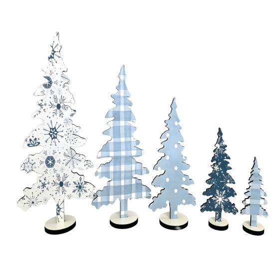 Staggered Tree Set Decorations 5Pcs Wooden Christmas Ornaments, Nordic Style Blue And White Snowflake Pattern Tabletop Trees Plaid/Snowflake/Polka Dot