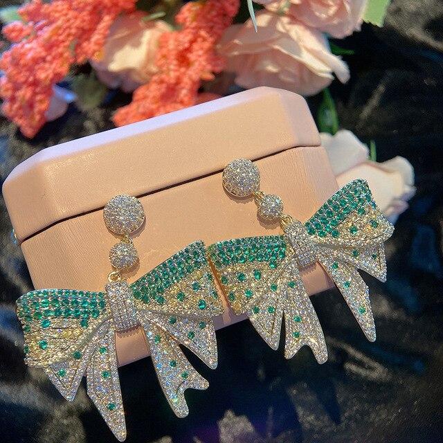

Роскошные серьги из серебра 925 пробы с большими бантиками для женщин, серьги с градиентом цвета с кубическим цирконием, обручальные свадебные украшения зелёный
