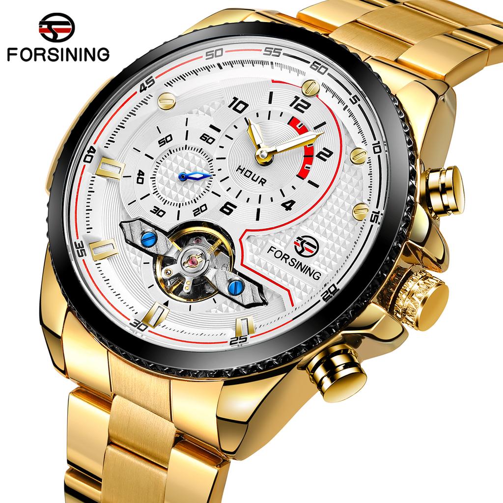 Forsining Mens Automatic Watches Stainess Steel Waterproof Wrist Watches Tourbillon Self Winding Mechanical Diamond Dial Wrist Watch