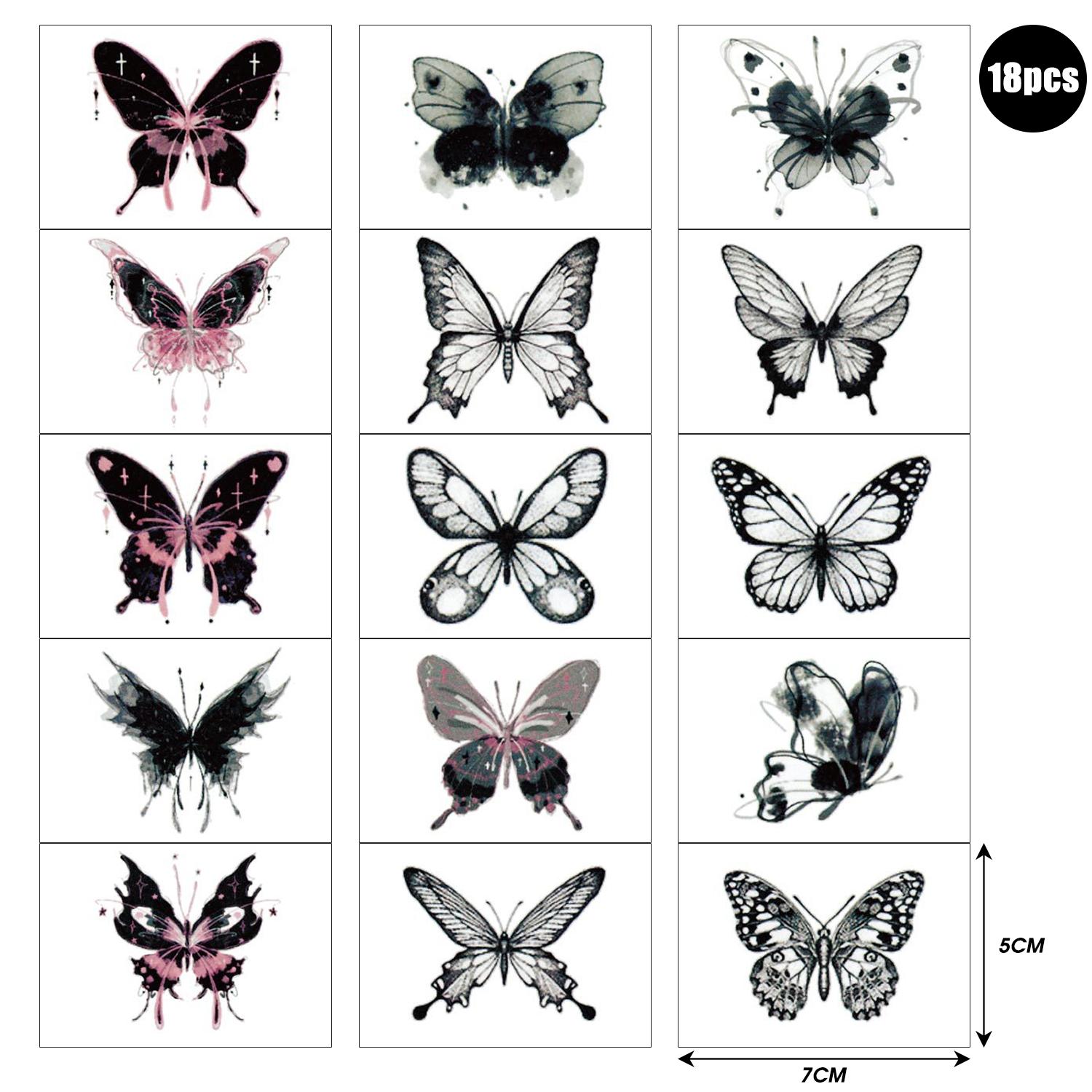 

18 Sheets/set Butterfly Tattoo Stickers Long-lasting Vivid Gentle Not Irritation Pink Black Butterfly Pattern Temporary Tattoos