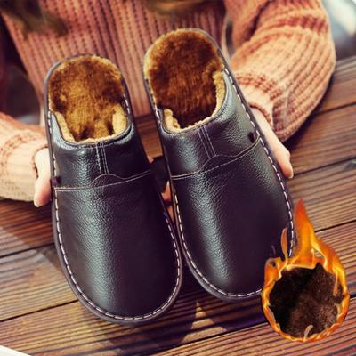 Unisex Slippers Winter Fleece Warm Puff Slippers Cow Split Leather Slip On Soft Bedroom Indoor Flats Men Women Padded Warm Slippers Shoes