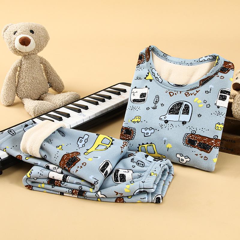 Children's Fleece-Lined Warm Pajama Set for Boys and Girls - Thick Winter Home Wear Pants and Top