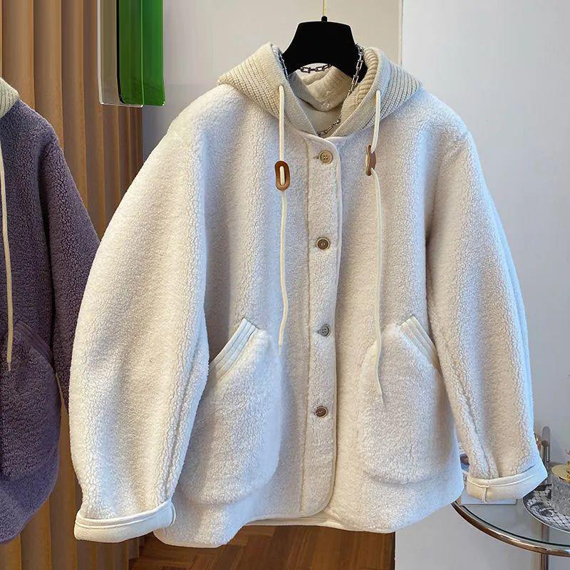 Women's 2025 Patchwork Lamb Wool Hooded Sweatshirt – Fleece-Lined and Loose Fit for Autumn/Winter