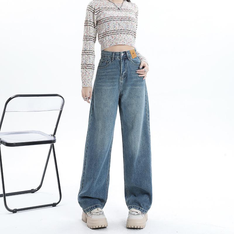 

Pear-Shaped Straight-Leg High-Waisted Plus Size Jeans for Women - Slimming, Loose-Fit, Wide-Leg, Hip-Covering, Spring/Autumn. XS