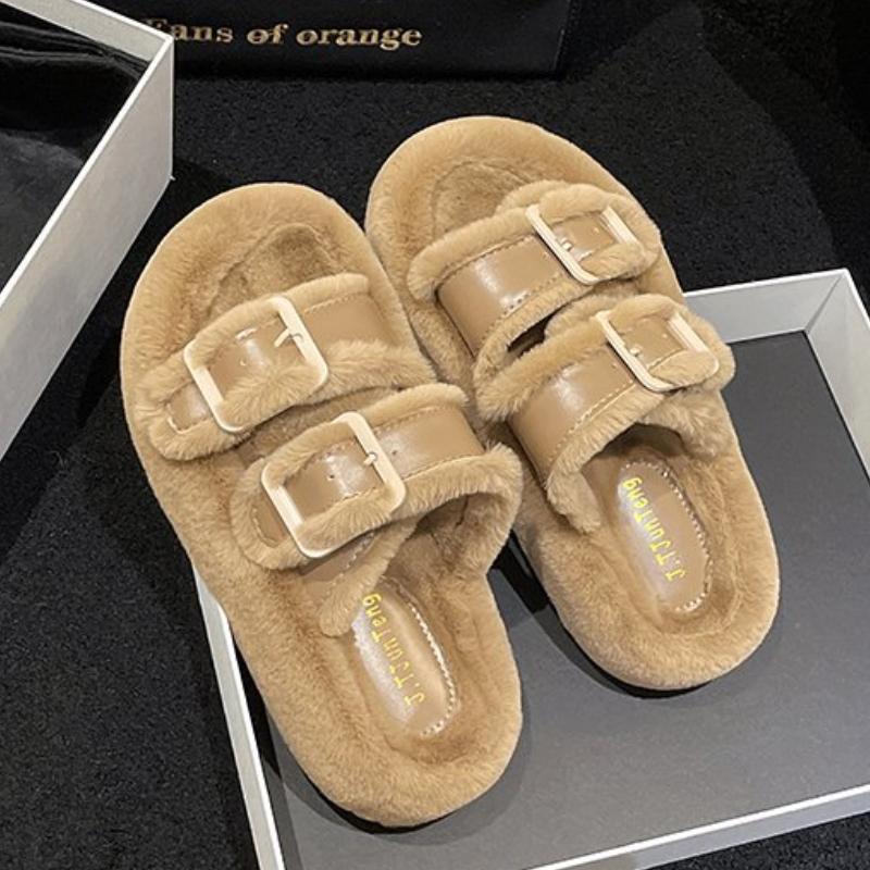 Buckle White Thick-Sole Fuzzy Slippers for Women, New Arrival, Warm and Cozy, Perfect for Outdoor Wear