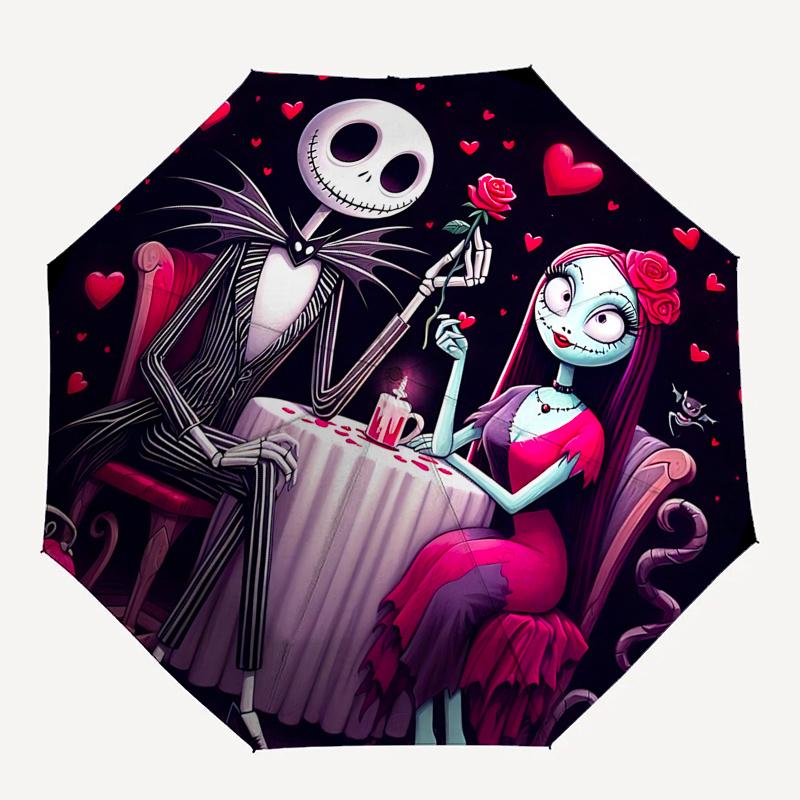 1 Automatischer Regenschirm mit 8 Speichen, Motiv Jack Skellington und Sally, Bunt, Tragbar, für Damen und Herren, Ein Kompakter Begleiter für den Weg zur Arbeit, Geeignet für Da