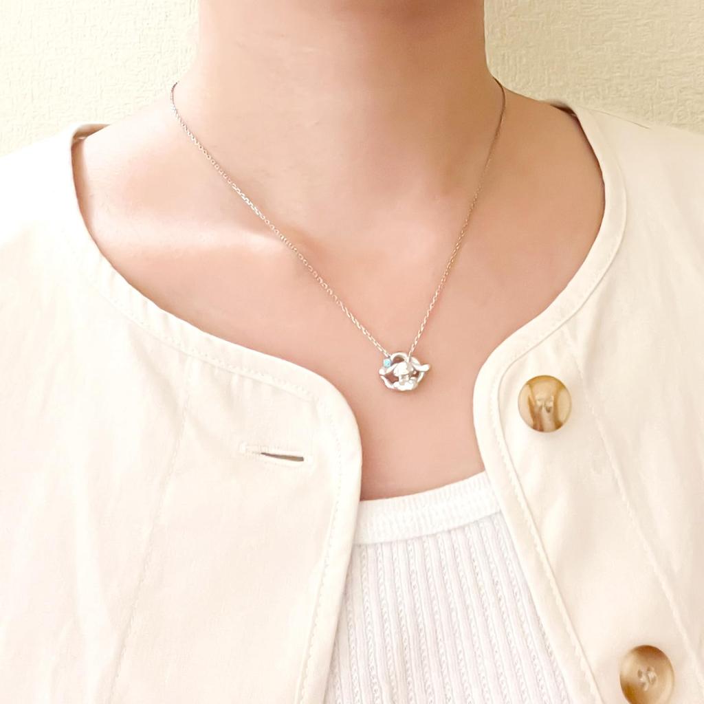 White Clover Cinnamoroll 20th Anniversary Sanrio Characters Silver Surgical Stainless Steel Cubic Necklace, 316L, Zirconia, Silver, SA20CI-N001RD