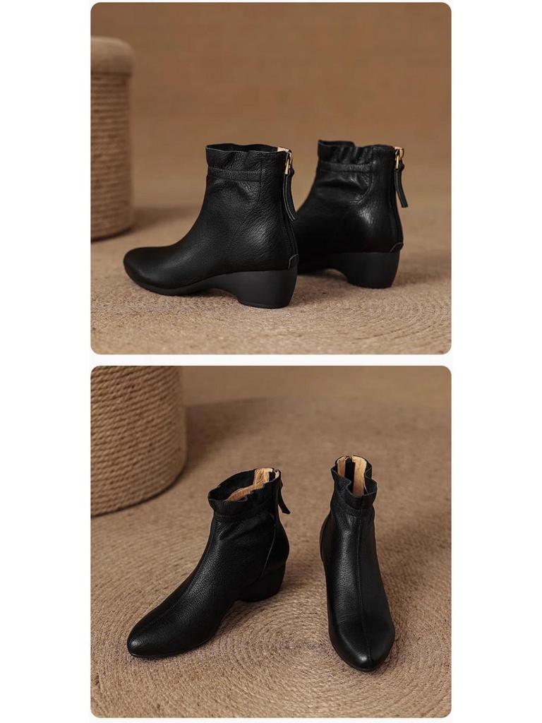 Damen Bequeme Retro Keilabsatz Stiefeletten - 2025 Herbst/Winter Mode, Vielseitige & Warme Plüsch Mama Schuhe