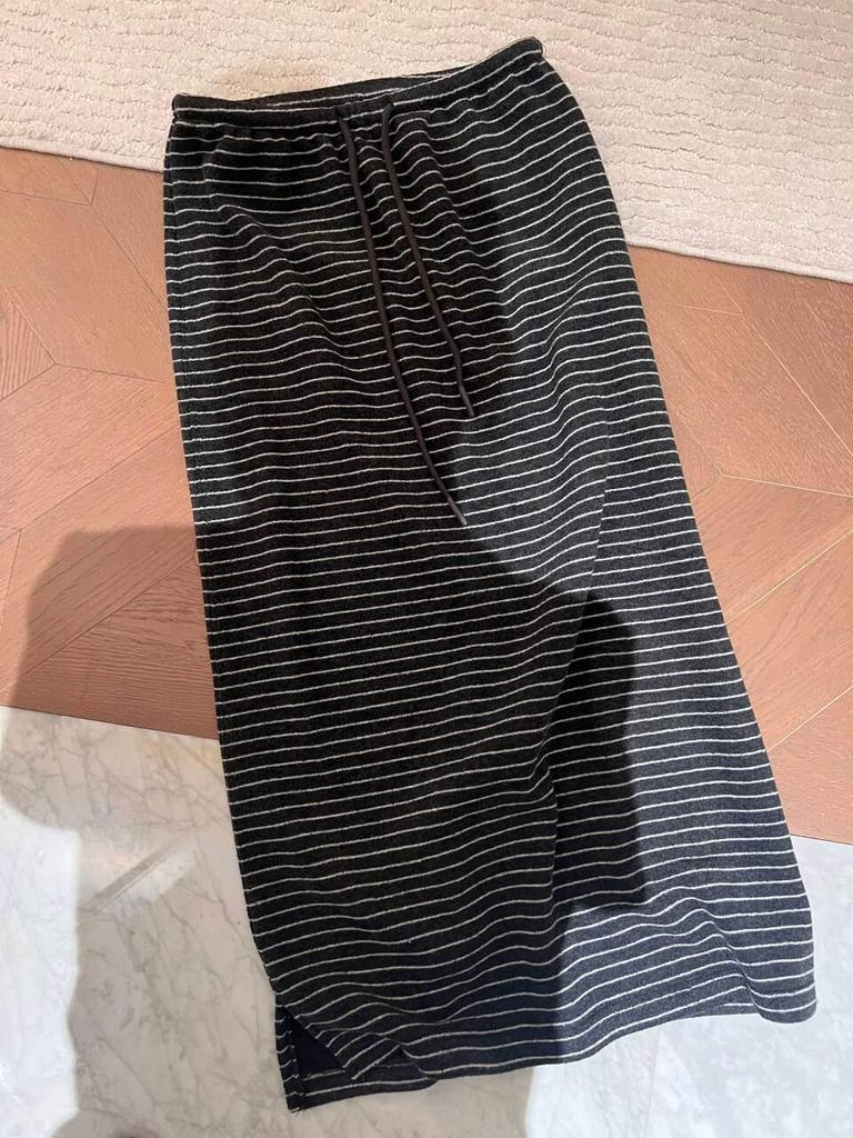 Winter Women's Cozy Korean Long Skirt with Fleece, Striped Color Block, and Comfortable H-Shape Design