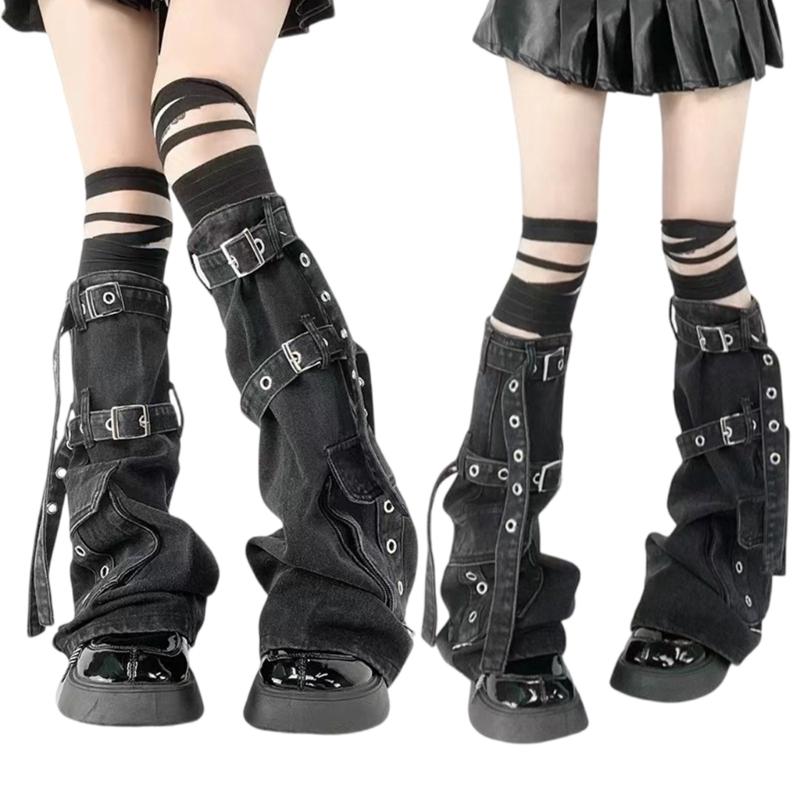 Womens Harajuku Punk Denims Flared Leg Warmer Metal Buckled Straps Pocketed Cargo Boot Cover Long Stockings Streetwear