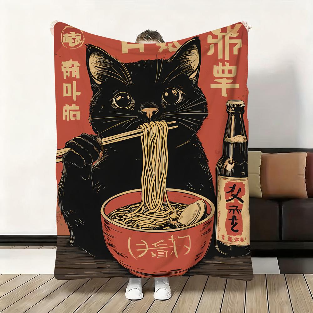 Black Cat Ramen Throw Soft Flannel Blanket Warm Knee Skin-Friendly Throw for Sofa Office Bed Traveling Winter Oversize
