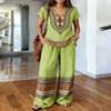 Bohemian Peacock Feather Print Set: Women's Vintage V-neck Top + Wide-leg Pants, Vacation-style Loose Two-piece Set