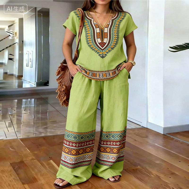 Bohemian Peacock Feather Print Set: Women's Vintage V-neck Top + Wide-leg Pants, Vacation-style Loose Two-piece Set