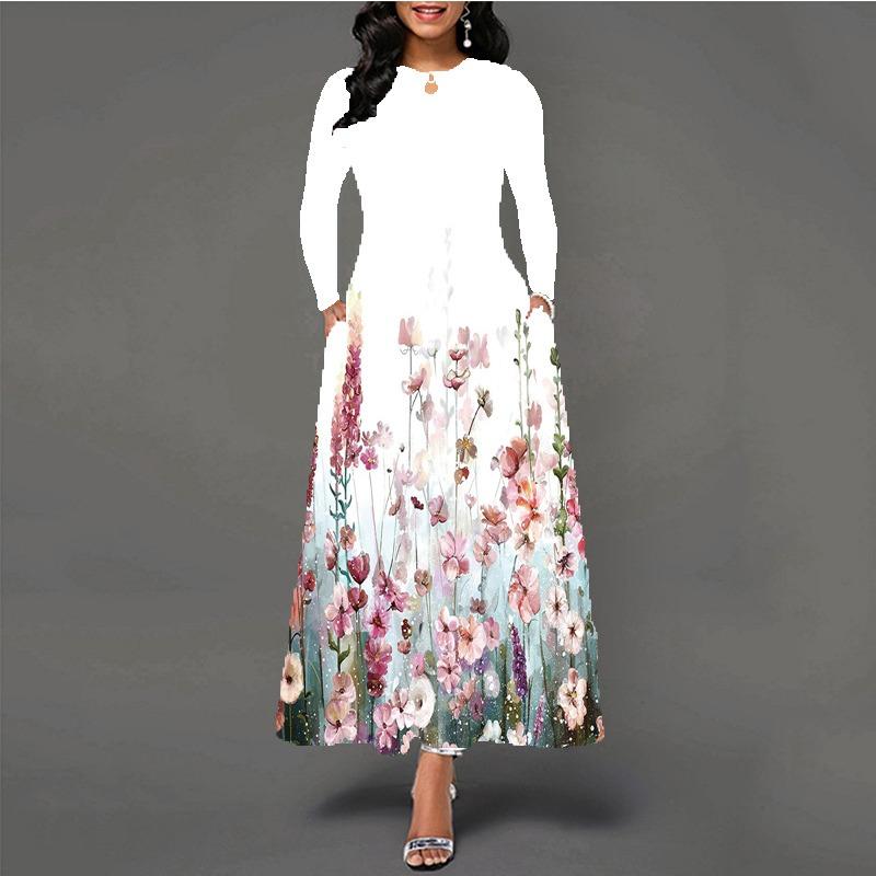 Women's large-size dress digital printing long-sleeved pendulum D temperament elegant