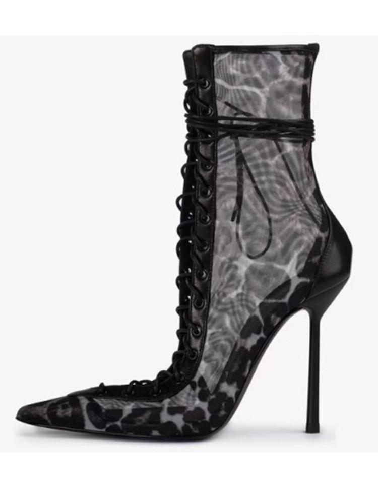 2025 Vår/Sommer Ny Snøring Korte Kule Støvletter Sideglidelås Bankett Slim Fit Høy Hæl Sexy Knelange Damestøvletter