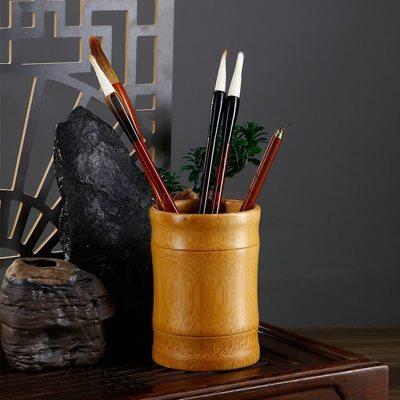 1pcs Natural Bamboo and Wood Pen Holder, Multifunctional Retro Circular Pen Holder, Chinese Style Office Decoration Storage Box