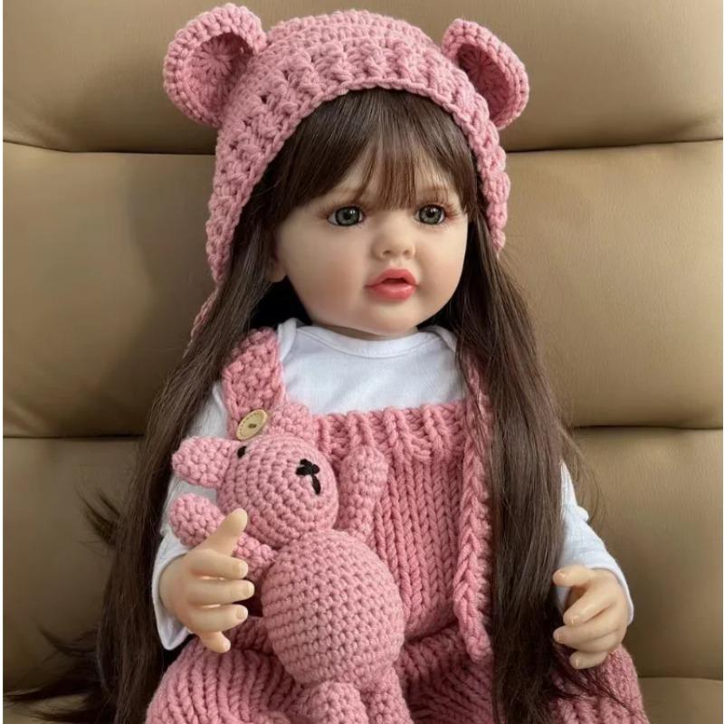 55cm 22inch Long Brown Hair Reborn Doll Realistic Princess Toddler Birthday Gift Lifelike Reborn Baby Girl Doll Soft Silicone