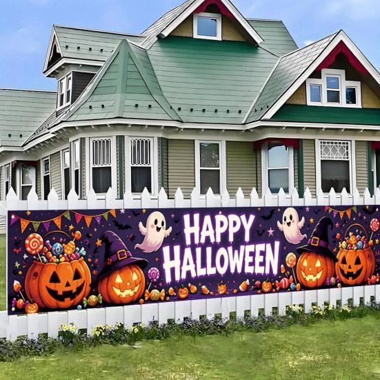 Outdoor Hanging Banners Halloween Fence Banner, 118 x 20 Inch Large Yard Sign Banner Flag, Scary Trick or Treat Party Decor Backdrop Decoration