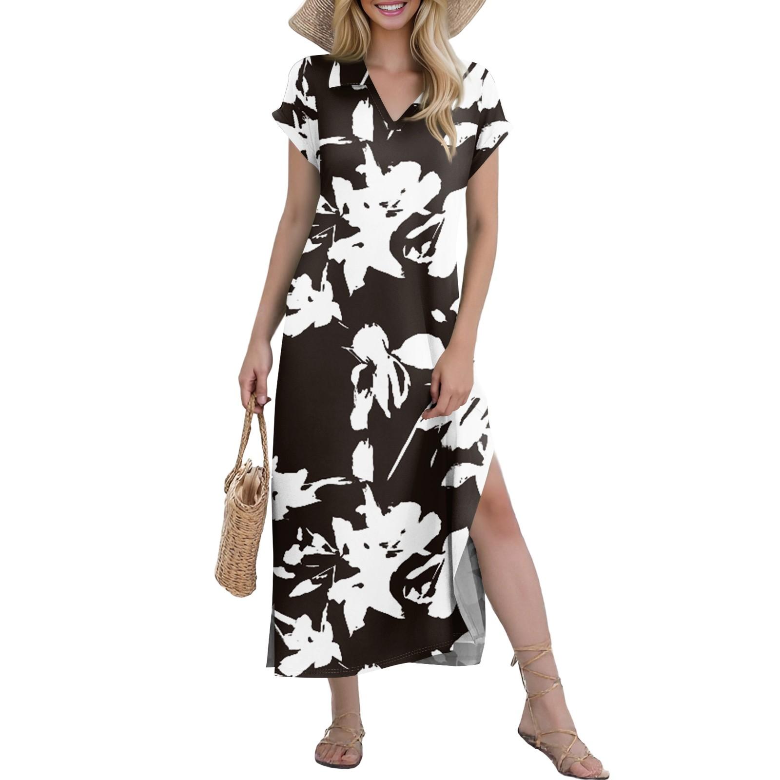 

Женские повседневные удобные платья с V-образным вырезом, свободным подолом с разрезом, короткими рукавами, с цветочным принтом, длинные L чёрный