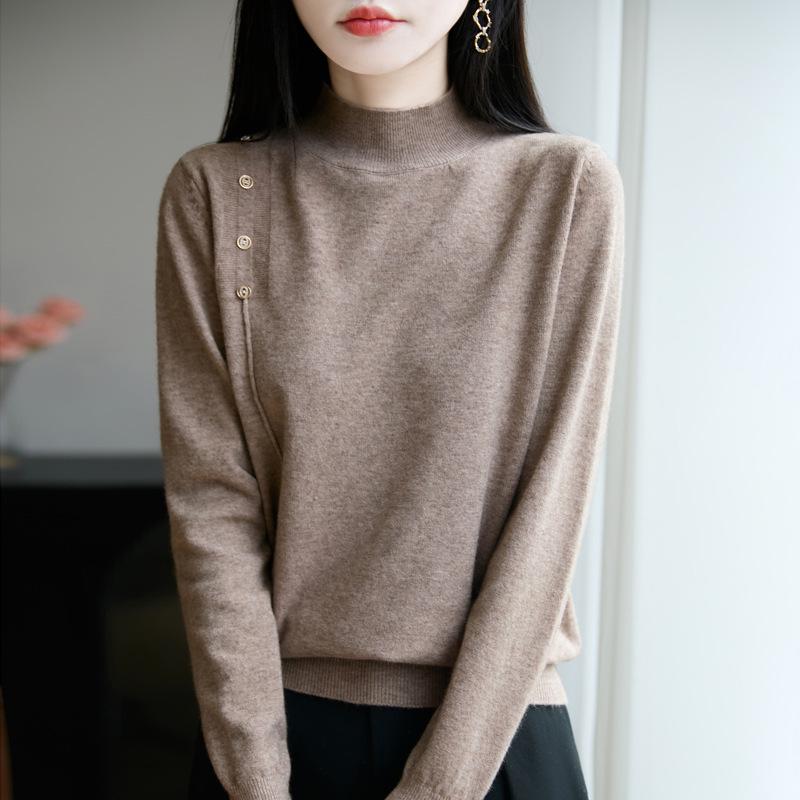 

Autumn 2025 Women s Knitted Sweater with High Neck & Button Detail M