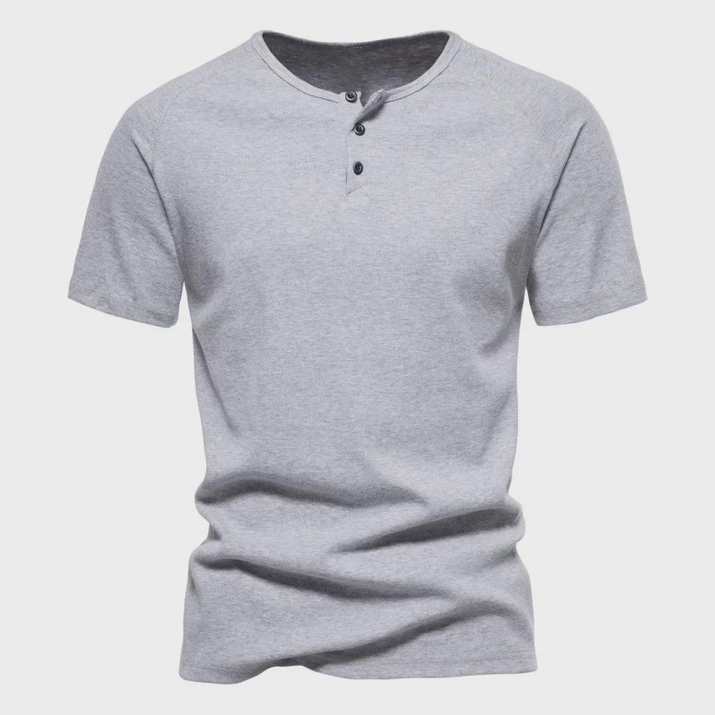 Men's Retro Cotton Henley Shirt - Coarse Thread 230g, Solid Color, Short-Sleeve Fitness Top