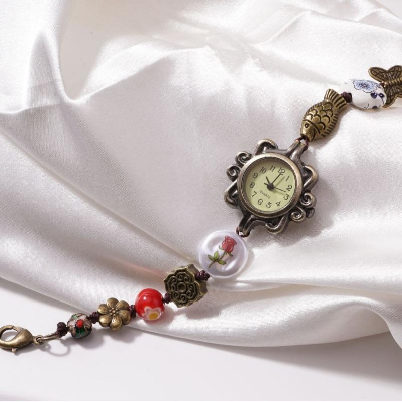 Vintage Bronze Rose Bracelet Watch Victorian Style Ladies Beaded Watch Woven Watch