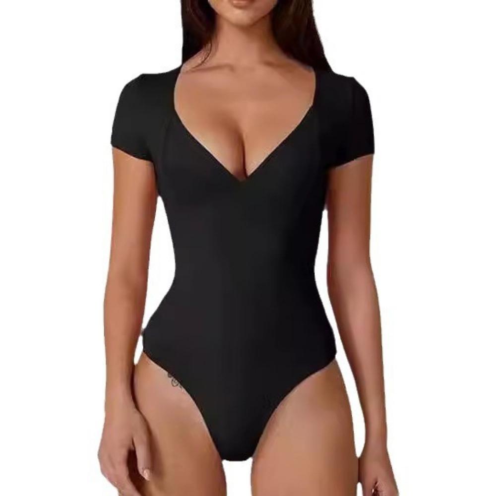 Women's Bodysuit Deep V Neck Short Sleeve Slim Fit Body Suits Casual Blouse Tops Elegant Bodysuits