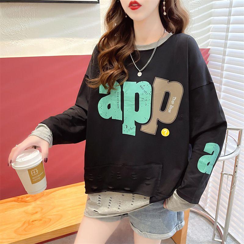 Spring Autumn Women Loose Casual Hoodie Korean Style Fake Two Piece Plus Size Oversized Patchwork Tops Ripped Sweatshirts