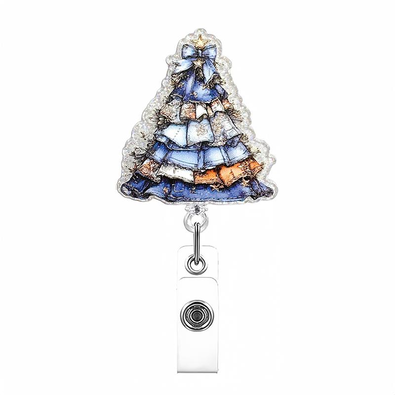 Glitter Acrylic Christmas Tree Badge Clip Retractable Keychain With Card Holder For Party Gift