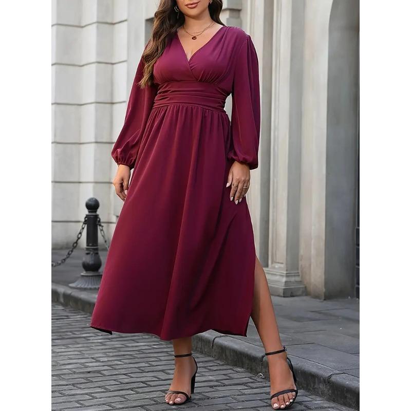 

Плюс Размер Женщин Новая Осенняя Мода Фонарики Рукава Платье 0XL бордовый
